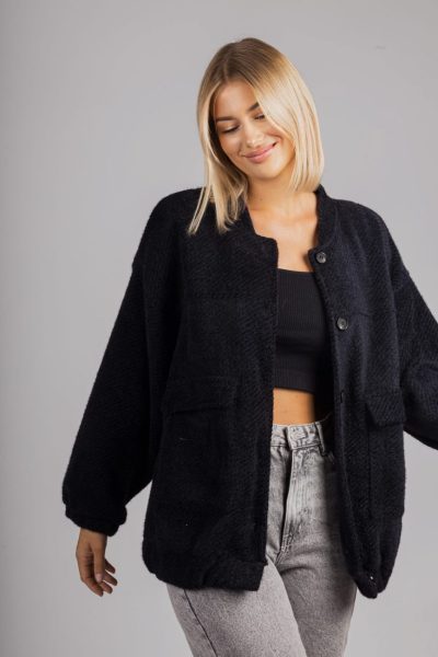 Bluza alpaka stójka guziki beż – Czarny, UNI