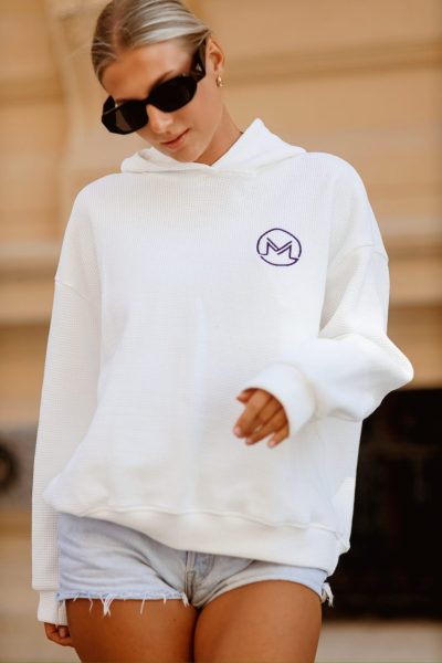 Bluza masełko krateczka haft m kaptur beż – Biały, UNI