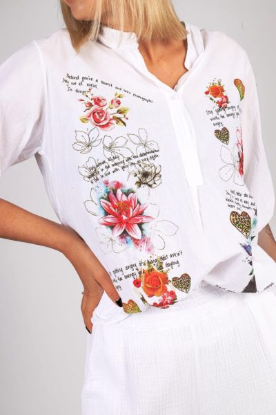 Bluzka dekolt guziki kwiaty napisy – UNI, Biały