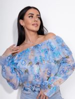Bluzka hiszpanka falbanka kwiaty – Niebieski, UNI