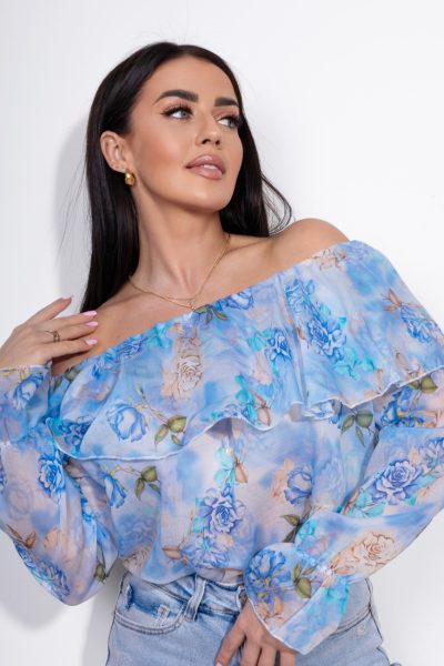 Bluzka hiszpanka falbanka kwiaty – Niebieski, UNI