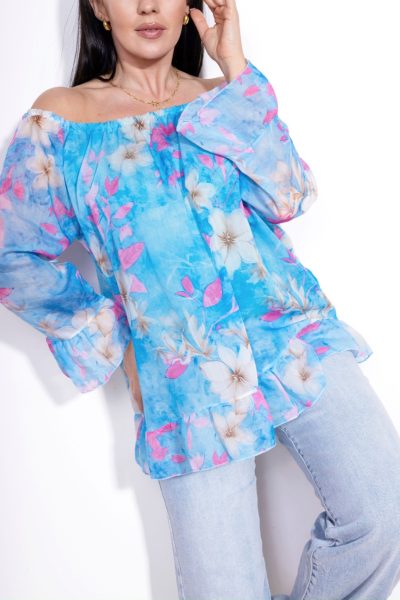Bluzka jedwab kwiaty – Niebieski, UNI