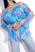 Bluzka jedwab kwiaty – Niebieski, UNI