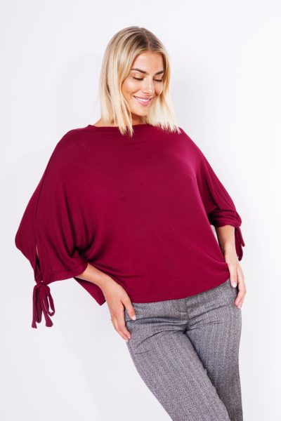 Bluzka nietoperz dzianina wiązane rękawy – Wino, S