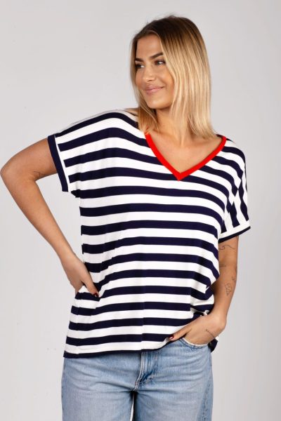 Bluzka paski czerwony dekolt – UNI, Biały