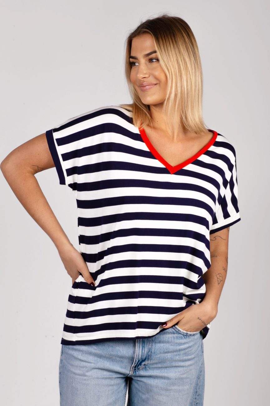 Bluzka paski czerwony dekolt