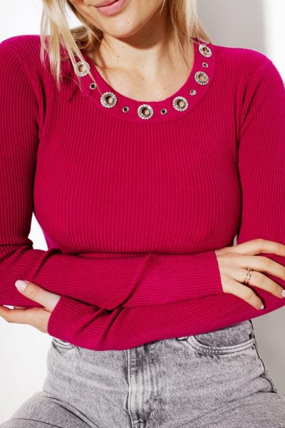 Bluzka prążek dekolt kółeczka – Amarant, UNI