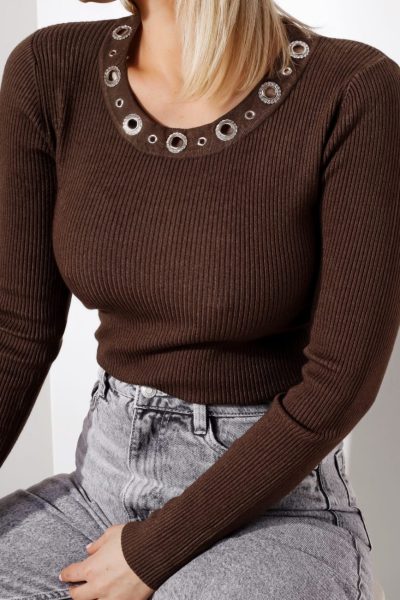 Bluzka prążek dekolt kółeczka – Czekolada, UNI