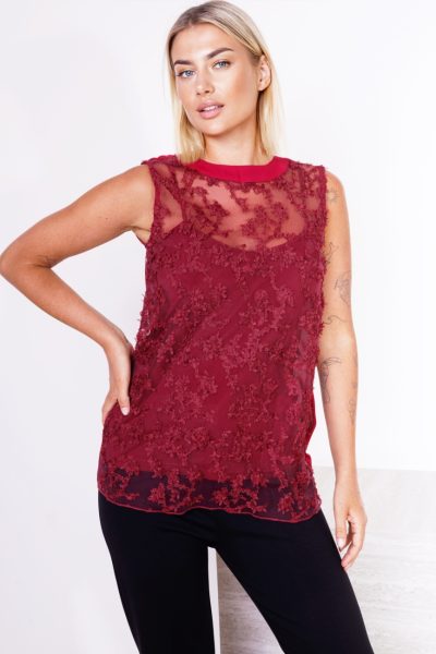 Bluzka przód drobne tiulowe aplikacje – Wino, S