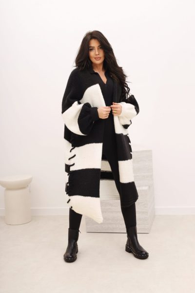 Kardigan długi pasy – Czarno-biały, UNI