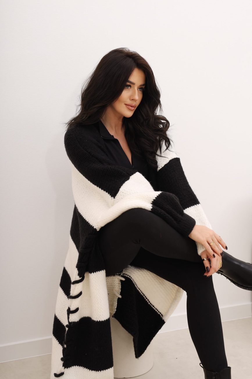 Kardigan długi pasy – Czarno-biały, UNI