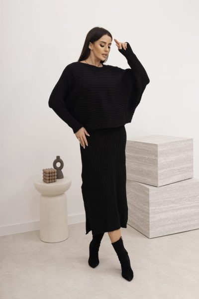 Komplet dzianina prążek sweter+sukienka – Czarny, UNI