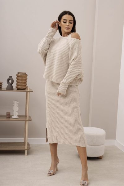 Komplet dzianina prążek sweter+sukienka – Jasny beż, UNI