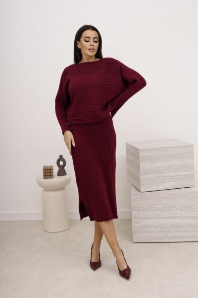 Komplet dzianina prążek sweter+sukienka – Wino, UNI