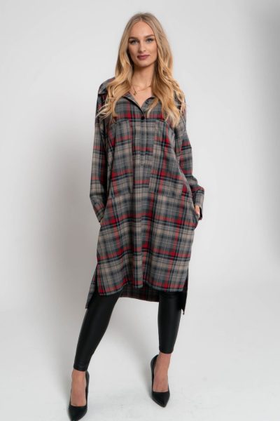 Koszula krata czaszka korona – Szary/Czerwony, UNI