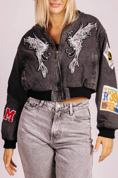 Kurtka jeans naszywki – UNI, Czarny