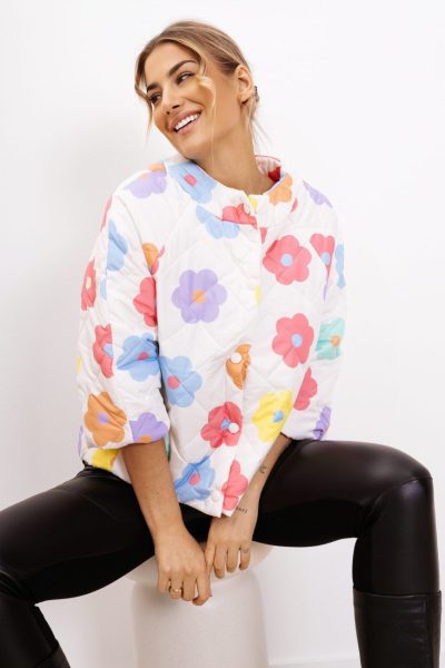 Kurtka krótki rękaw kwiaty – Biały, UNI