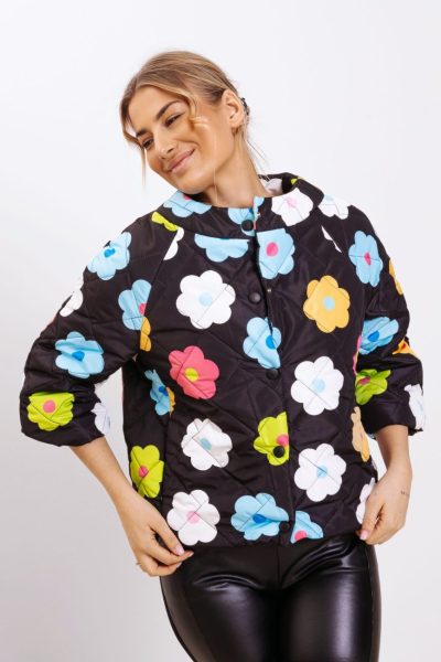 Kurtka krótki rękaw kwiaty – Czarny, UNI