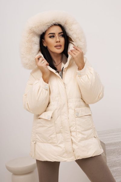 Kurtka puchowa ściągany pas kaptur futerko – Ecru, UNI