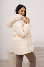 Kurtka puchowa ściągany pas kaptur futerko