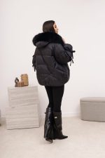 Kurtka puchowa wiązany rękaw kaptur czarna