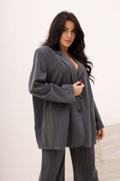 Marynarka oversize paseczki rękaw napis – Grafit, UNI