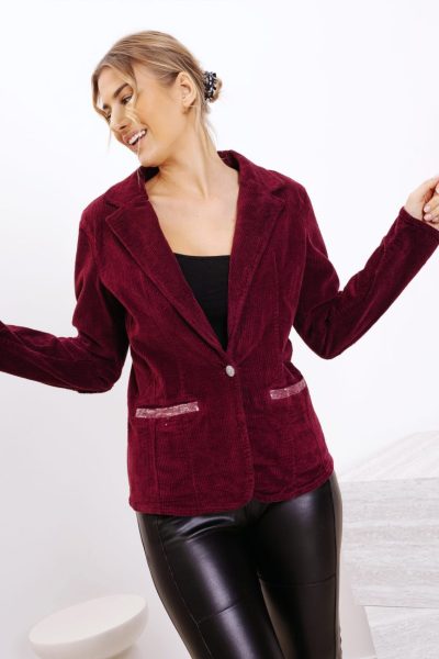 Marynarka sztruks cekinowe wstawki – Wino, XL