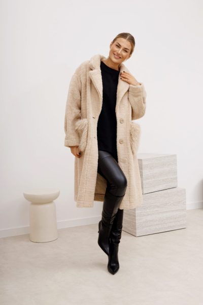 Płaszcz ala alpaka kieszenie futerko – Beż, UNI