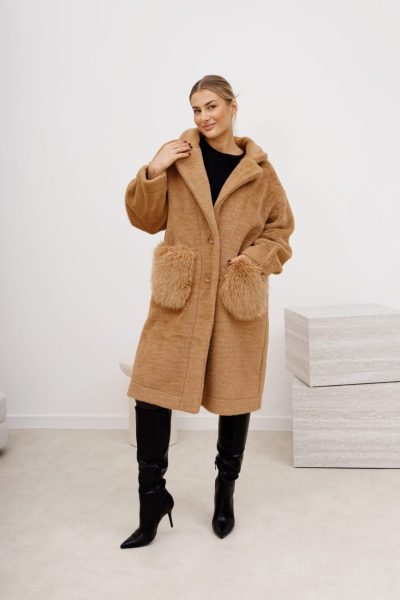 Płaszcz ala alpaka kieszenie futerko – Camelowy, UNI