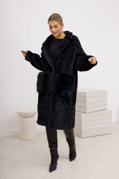 Płaszcz ala alpaka kieszenie futerko – Czarny, UNI