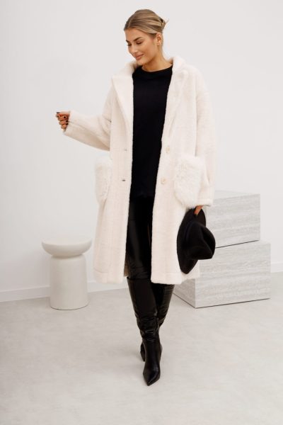 Płaszcz ala alpaka kieszenie futerko – Ecru, UNI