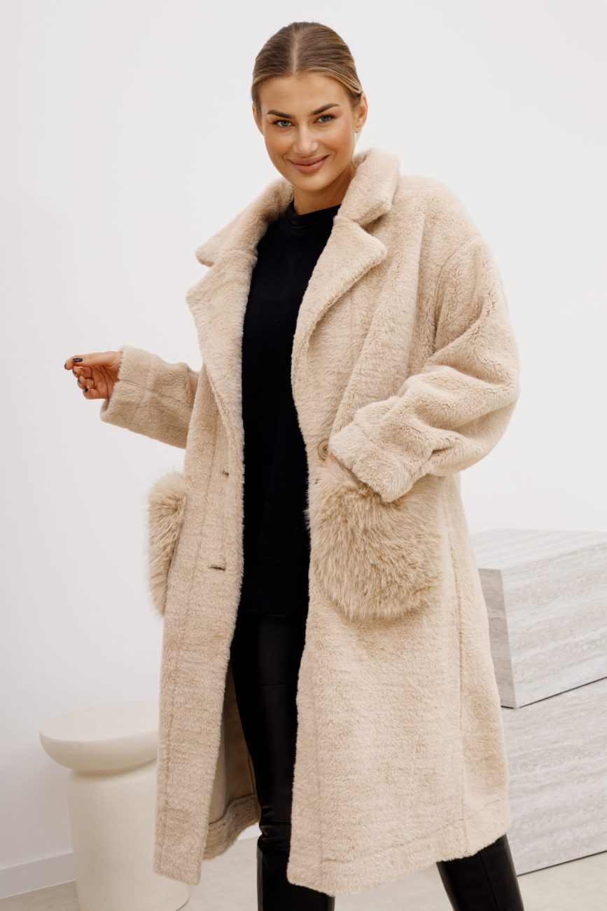 Płaszcz ala alpaka kieszenie futerko