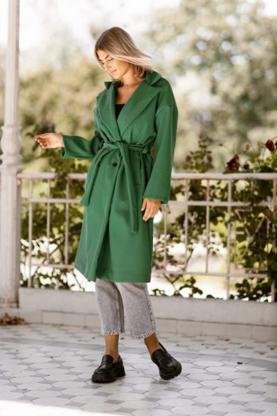 Płaszcz długi wiązany 4guziki – UNI, Zielony