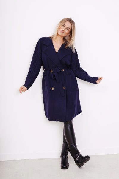 Płaszcz dzianinowy rękaw warkoczyki – Granat, UNI