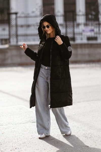 Płaszcz kaptur naszywka kółko rękaw – Czarny, M