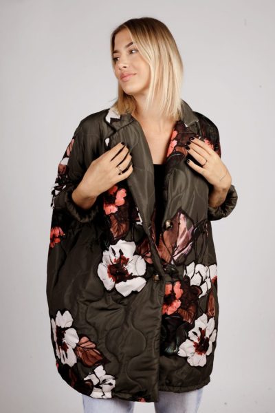 Płaszcz krótki kwiaty – UNI, Oliwka