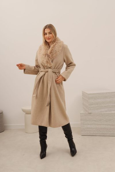 Płaszcz wiązany kołnierz futerko – Beż, UNI