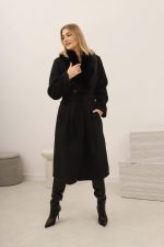 Płaszcz wiązany kołnierz futerko – Czarny, UNI
