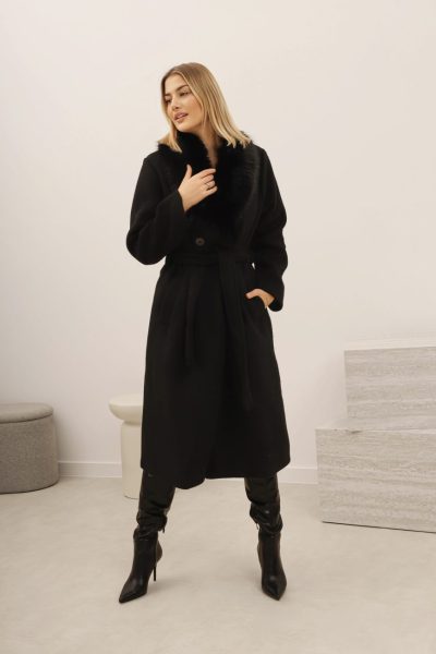 Płaszcz wiązany kołnierz futerko – Czarny, UNI
