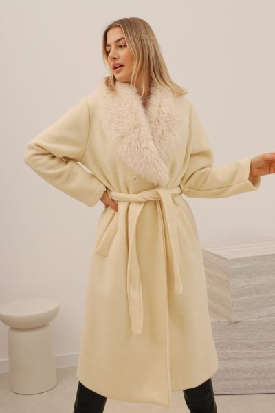 Płaszcz wiązany kołnierz futerko – Ecru, UNI