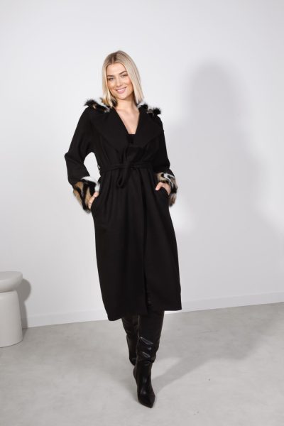 Płaszcz wiązany mankiet kołnierz futerko – Czarny, UNI