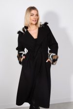 Płaszcz wiązany mankiet kołnierz futerko