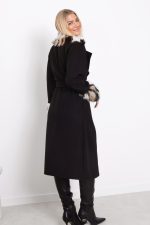 Płaszcz wiązany mankiet kołnierz futerko