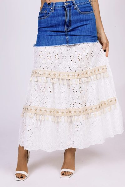 Spódnica jeans koronka – Niebieski, M