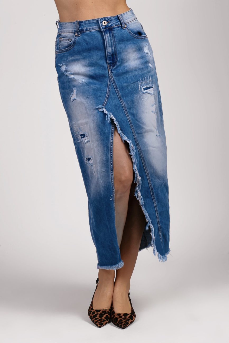 Spódnica jeans rozcięcie szarpane