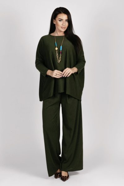 Spodnie dzianina szeroke nogawki – UNI, Oliwka
