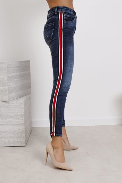 Spodnie jeans czerwony lampas – Niebieski, M