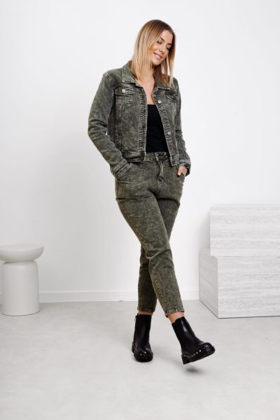 Spodnie jeans dekatyzowane – Oliwka, M