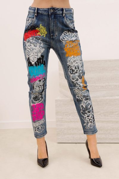 Spodnie jeans grafiti – Niebieski, S