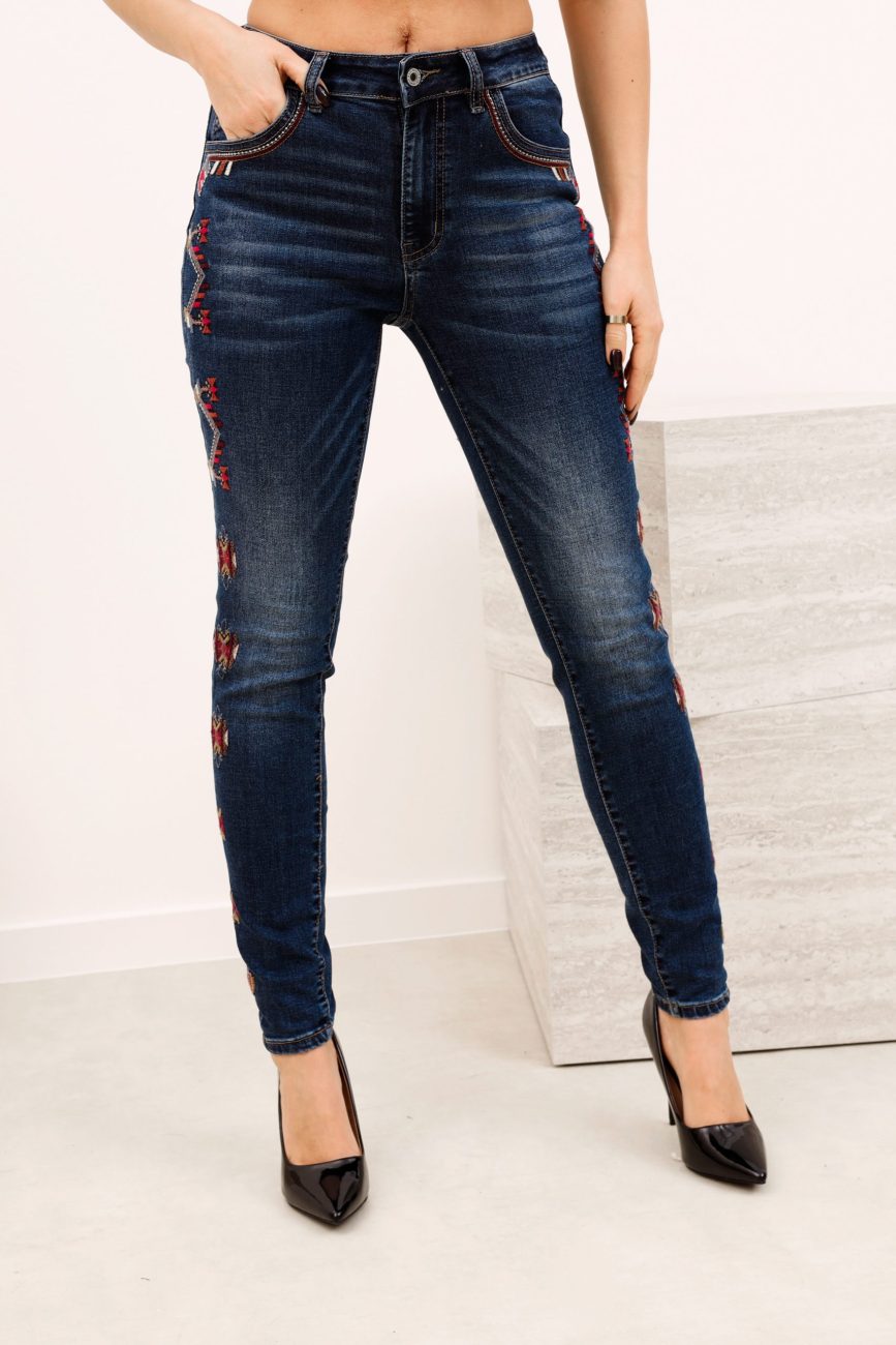 Spodnie jeans haftowany bok